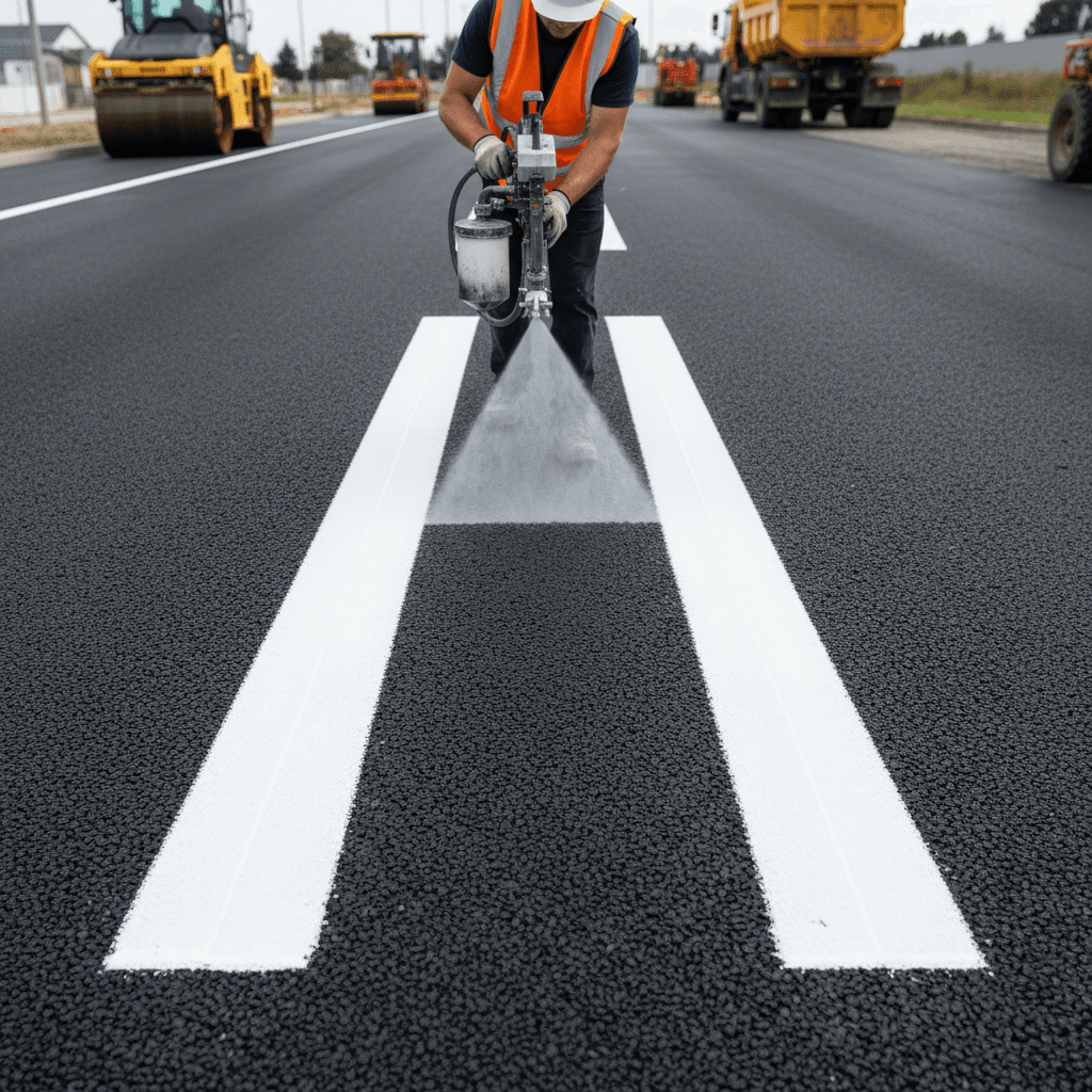Technician operating a walk-behind line marking machine on a carpark