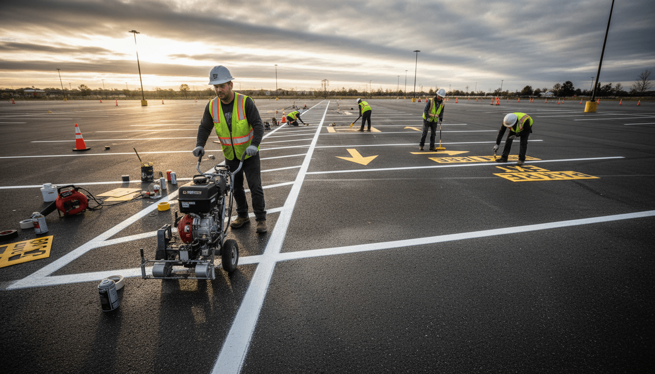 Fresh yellow line marking on a commercial car park asphalt