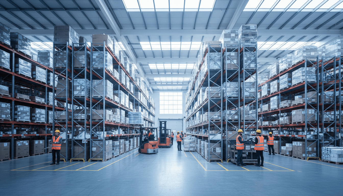 Yellow safety lines and walkway markings on warehouse floor
