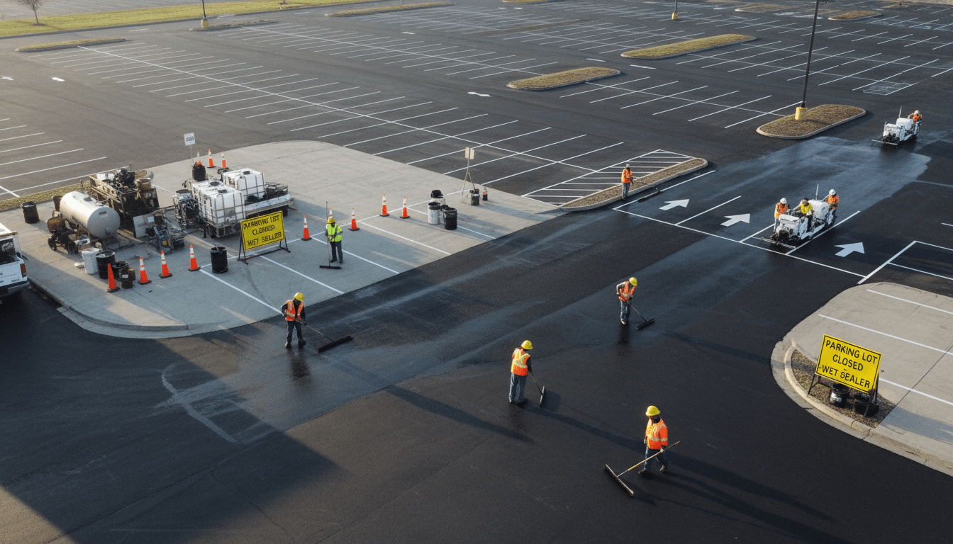 Line marking machine painting a fresh yellow line on asphalt