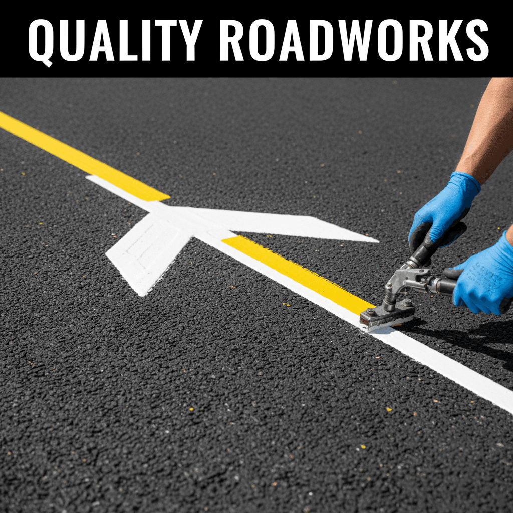 Close-up of thick white thermoplastic line marking on asphalt