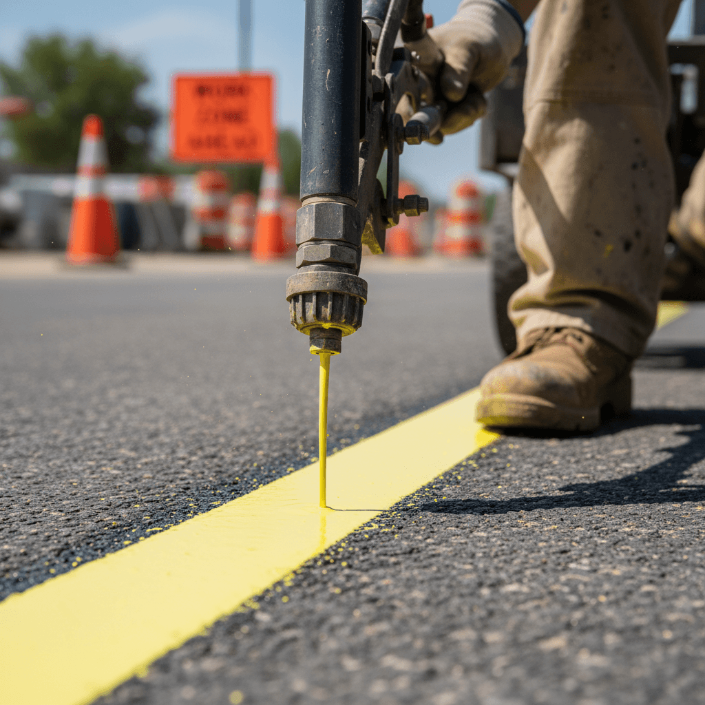 Fresh white line markings on dark asphalt stretching into the distance