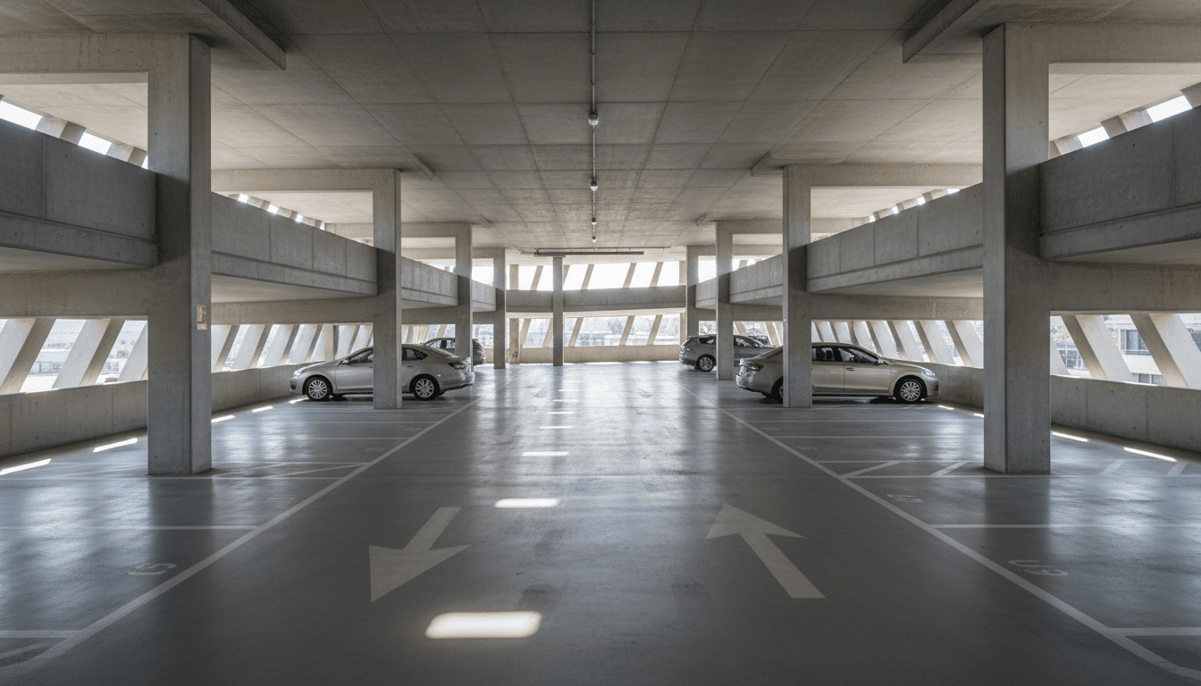 Overhead view of parking bay lines and driveway arrows