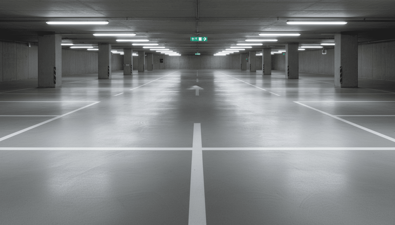 Fresh white carpark bay lines with clear yellow aisle markings on new asphalt
