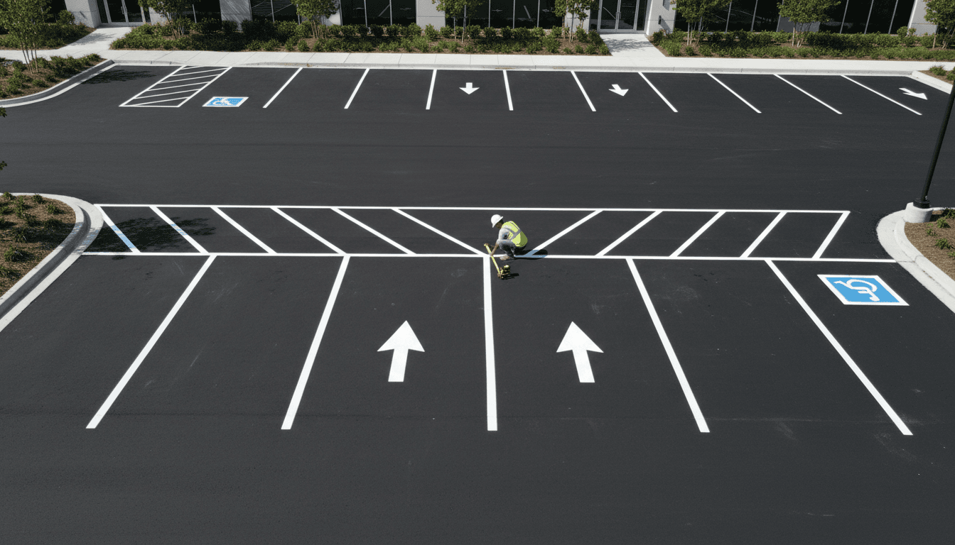 Line marking technician inspecting a freshly painted carpark surface